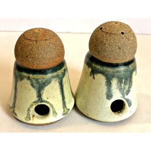 Handmade Art Pottery Shakers Drip Glaze Orb Mod Holes on Side Gray Tan Unmarked